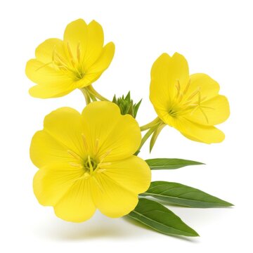 Beautiful bunch of bright yellow evening primrose flowers with green leaves