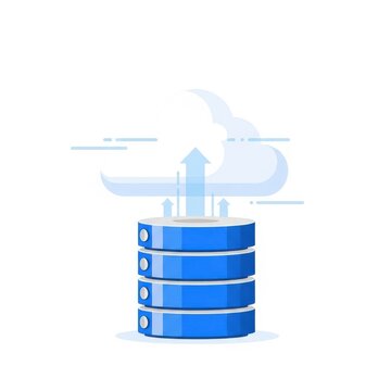 Blue database server icon with an upward arrow showing data upload and cloud synchronization