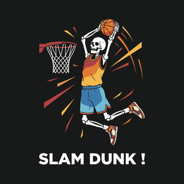 This dynamic illustration shows a skeleton performing an impressive slam dunk, combining sports action with a humorous skeletal theme for vibrant visual appeal.