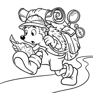 A delightful illustration of a hedgehog explorer dressed for adventure, holding a map and wearing a backpack, ideal for children's books and adventure themes.