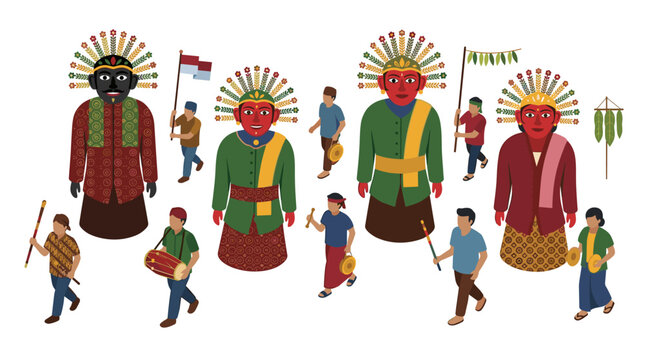 Indonesian traditional ondel-ondel puppets and festival parade illustration
