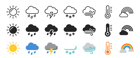 Fototapeta premium Weather icon suite displays sun, rain, storm, snow, wind, temperature, and rainbow motifs in multiple graphic styles.