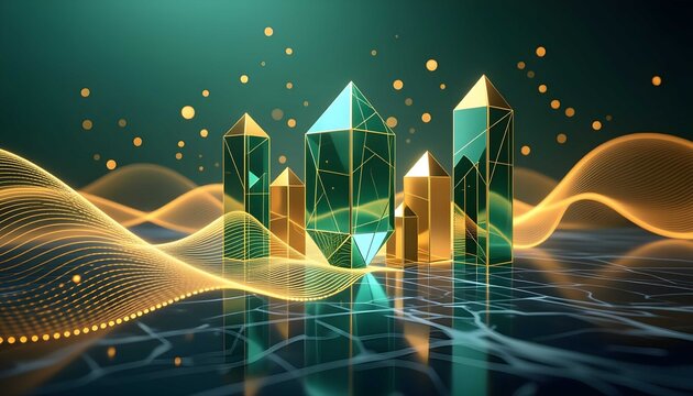 Elegant luxury bar graph display featuring emerald green glass pillars and golden fluid curves over dark marble texture