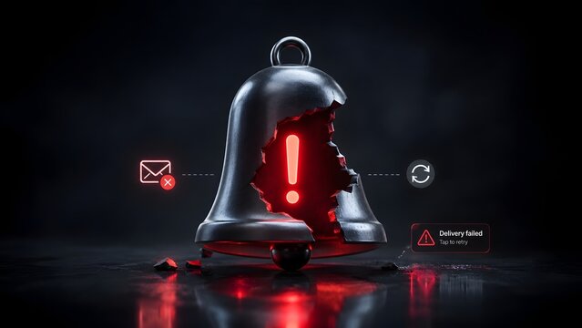 3D broken metallic notification bell with glowing red warning alert symbolizing failed message delivery.