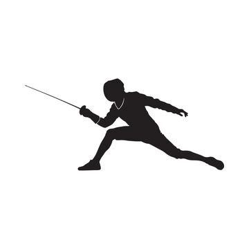 Fencing athlete silhouette against a white background dynamic pose