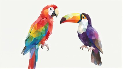 Fototapeta premium Two colorful, geometric parrots face each other against a plain background.