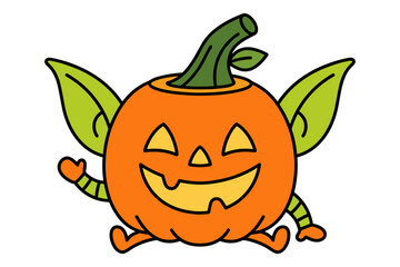 Cute pumpkin goblin character with green leaves and waving hand, halloween.