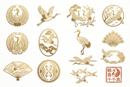 Japanese Crane Bird Crest Badge and Elegant Wing Frame Collection