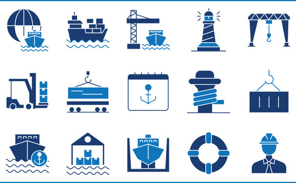 A set of icons related to Marine Port or Harbour. Cargo, shipping, lighthouse, crane, support, and so on.