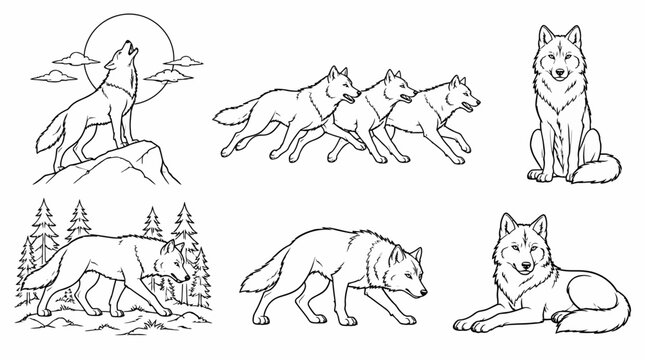 Wolf pack in motion, howling wolf, sitting and lying wolf