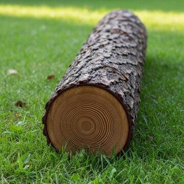 Single wooden log with rough bark texture lying on green grass in a park