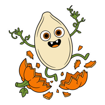 Cartoon happy pumpkin seed monster with vines breaking out of a cracked pumpkin, halloween theme.