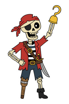 Cartoon pirate skeleton with peg leg and hook hand isolated on white background.