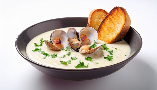 a bowl of creamy clam chowder with fresh clams in shells crispy bacon bits and chopped parsley served with toasted bread on white background
