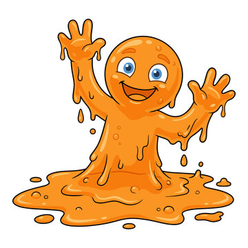 Cartoon orange blob monster character with happy face and blue eyes melting on ground, isolated.