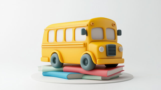 3D cartoon yellow school bus with colorful textbooks