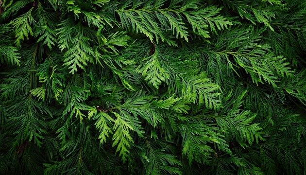 a dense wall of bright green thuja branches showcasing the scale like texture of the evergreen foliage