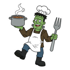 Frankenstein monster wearing chef hat and apron holding pot of soup and fork.