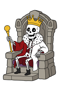 Cartoon skeleton king character sitting on stone throne wearing gold crown and regal robe.