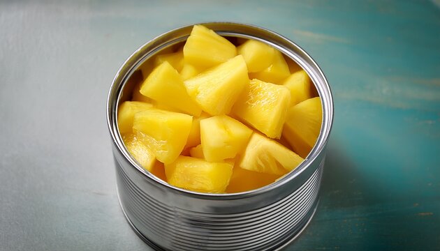 an open tin can filled with juicy bright yellow pineapple chunks