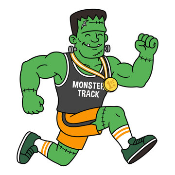 Muscular Frankenstein monster character running race and wearing gold medal on monster track athletic uniform.