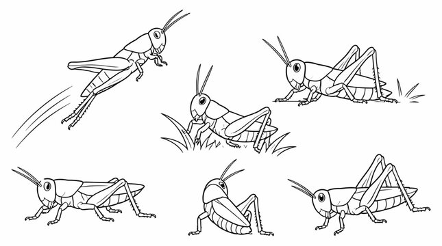 Cartoon grasshopper set in various poses, line art coloring book illustration.