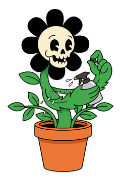 Skull flower watering itself, morbidly cute plant, spray bottle.