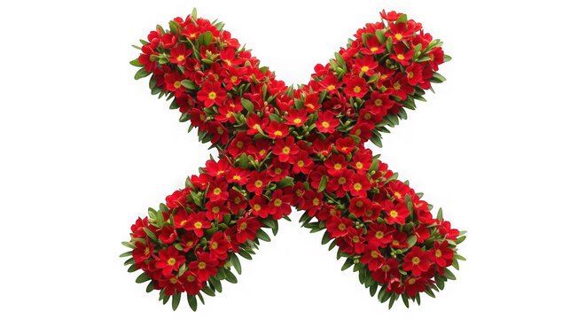 Letter X shape made of red flowers and green leaves isolated on transparent background
