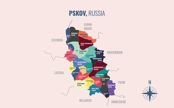 Pskov Russia Federal into Raion in a minimalist colorful style map showing