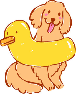 Summer Dog Golden Retriever with Duck Float Whimsical Hand Drawn Cartoon Character