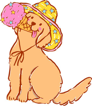 Summer Dog Golden Retriever Eating Ice Cream Whimsical Hand Drawn Cartoon Character