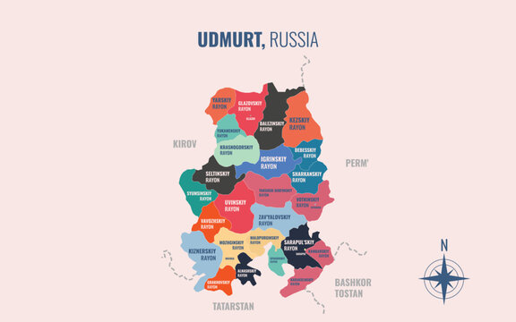 Udmurt Russia Federal into Raion in a minimalist colorful style map showing