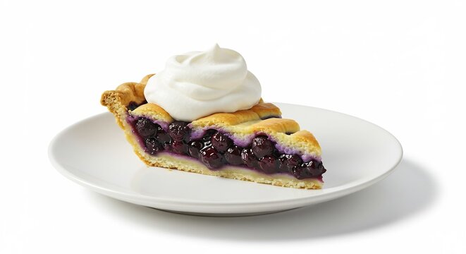 A Slice of Blueberry Bliss: A delectable slice of homemade blueberry pie, generously topped with a swirl of whipped cream, rests on a pristine white plate, inviting a taste of pure dessert heaven.
