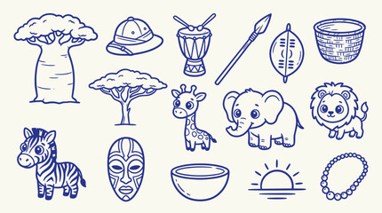 Fototapeta premium Collection of African safari themed illustrations including animals, trees, and cultural items.
