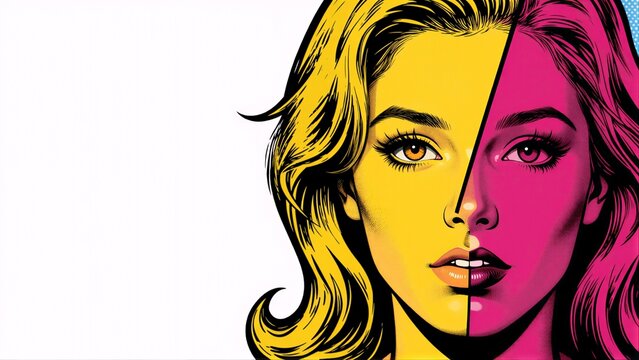 Split face illustration with vibrant yellow and pink halves, stylized comic art.