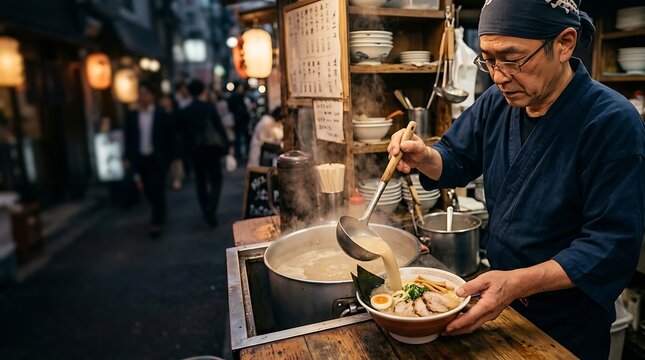 Japanese chef serving hot ramen broth at a night street stall