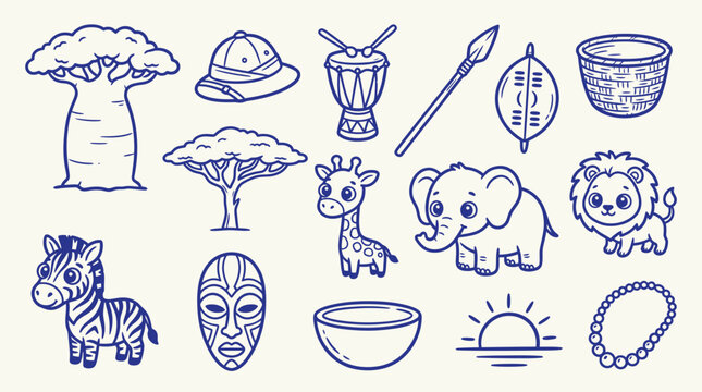 Collection of African safari themed illustrations including animals, trees, and cultural items.