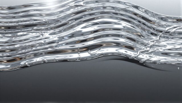 Wavy, reflective silver liquid flows gracefully against a dark gray background.