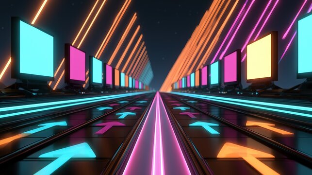 Arcade inspired digital environment with central pathway, dark reflective floor panels glowing cyan magenta orange neon arrows pointing forward, glowing pink center line dividing track, vertical recta