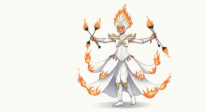 Fire Dancer: An enchanting performer adorned in a radiant white costume, wielding flaming torches with captivating grace. The woman's fiery headdress and flowing dress, accented with flames.