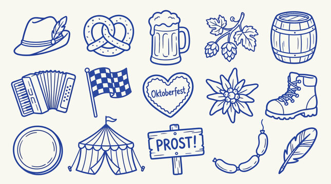 Collection of hand-drawn Oktoberfest icons including a beer mug, pretzel, accordion, tent, and traditional German symbols.