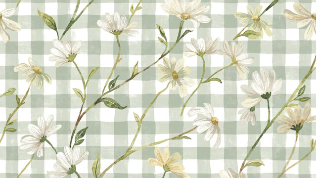 Seamless Pattern Gingham Check Hand drawn Daisy vector background 