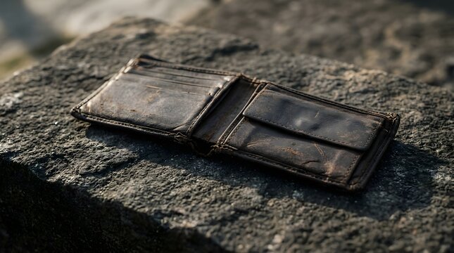Empty Worn Leather Wallet on Stone Symbolizing Financial Hardship