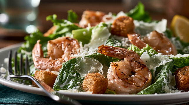 Gourmet shrimp caesar salad with grilled prawns croutons and parmesan on white plate, croutons