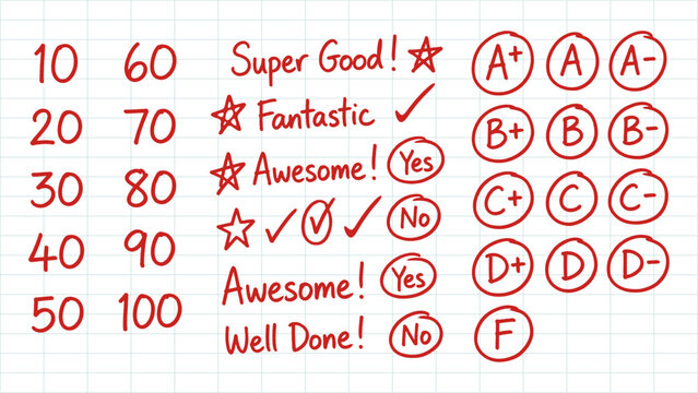 Handwritten school grades, assessment marks with letters, numbers, feedback phrases.