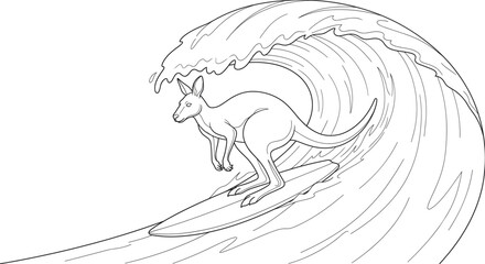 Obraz premium Kangaroo surfing on ocean wave line art illustration representing fun Australian wildlife and beach adventure