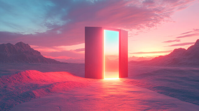 Glowing portal in a surreal desert landscape