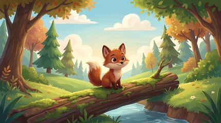 Fototapeta premium Cute cartoon fox sitting on log over river in sunny forest