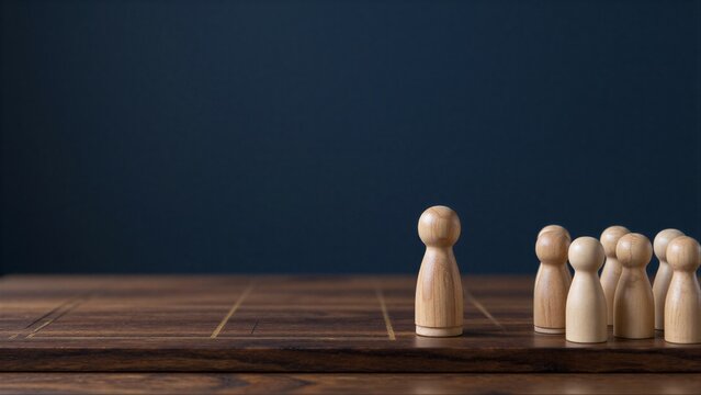 Wooden chess pieces on a board, one lone piece facing a group.