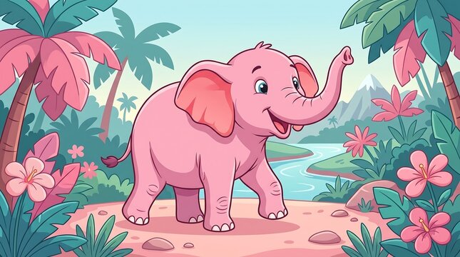 Cute pink elephant walking in tropical jungle illustration